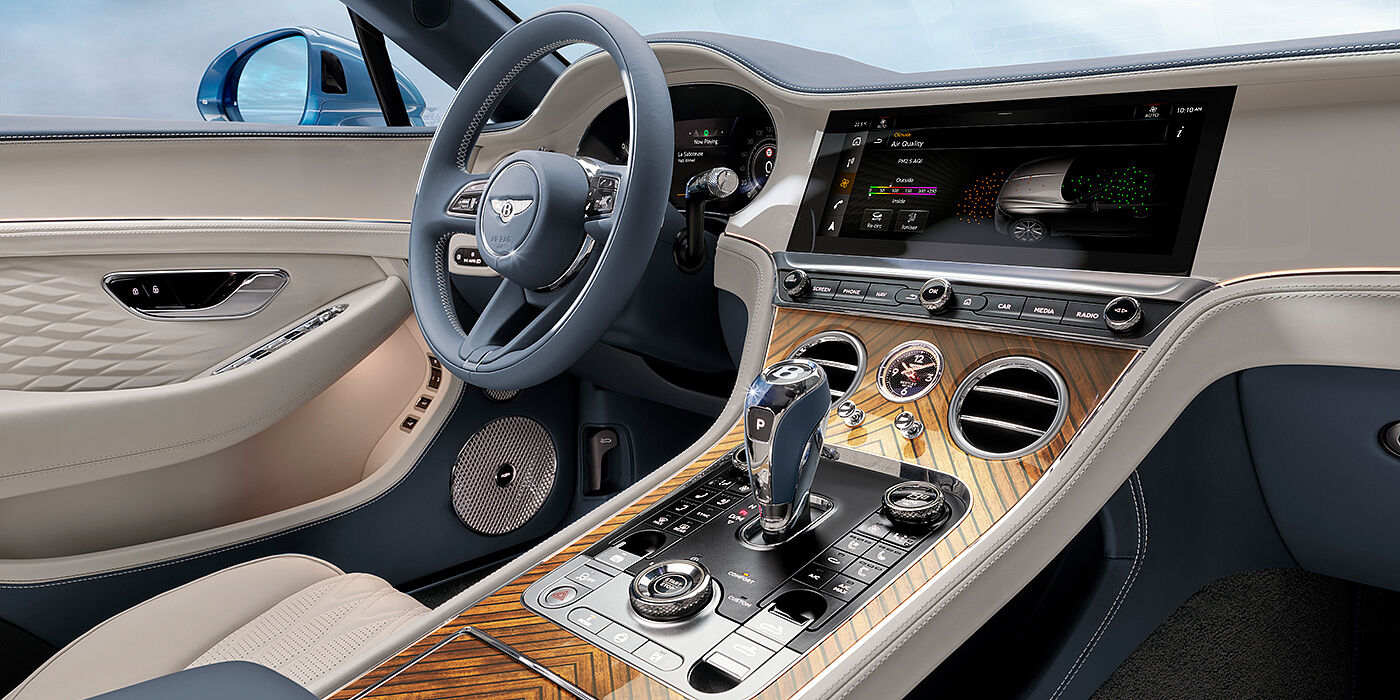 Bentley Riyadh New Bentley Continental GTC Azure convertible interior front cabin view with Linen and Brunel hides and Piano Linen by Mulliner veneer featuring centre console and centre MMI screen