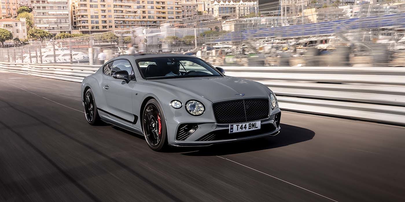 Bentley Riyadh Bentley Continental GT S coupe in Cambrian Grey paint front 34 dynamic driving on track
