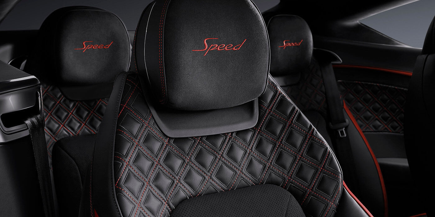 Bentley Riyadh Bentley Continental GT Speed coupe seat close up in Beluga black and Hotspur red hide