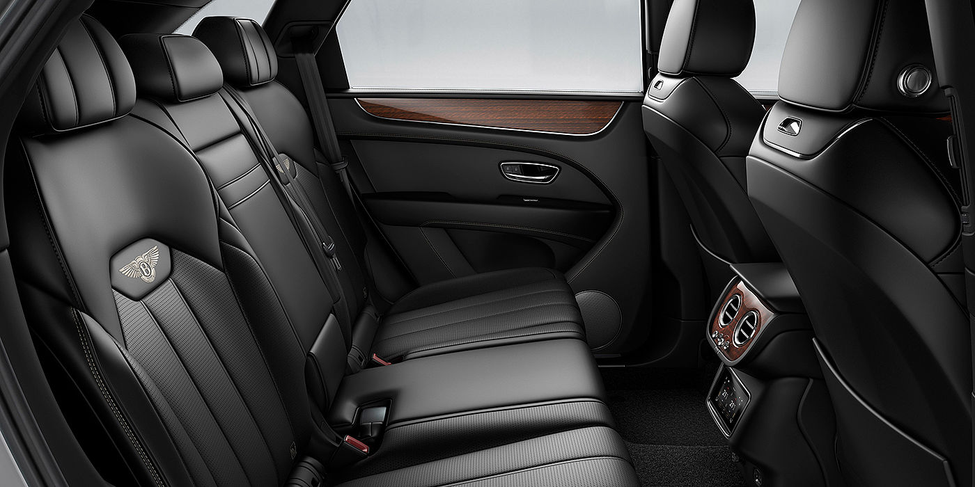 Bentley Riyadh Bentey Bentayga interior view for rear passengers with Beluga black hide.