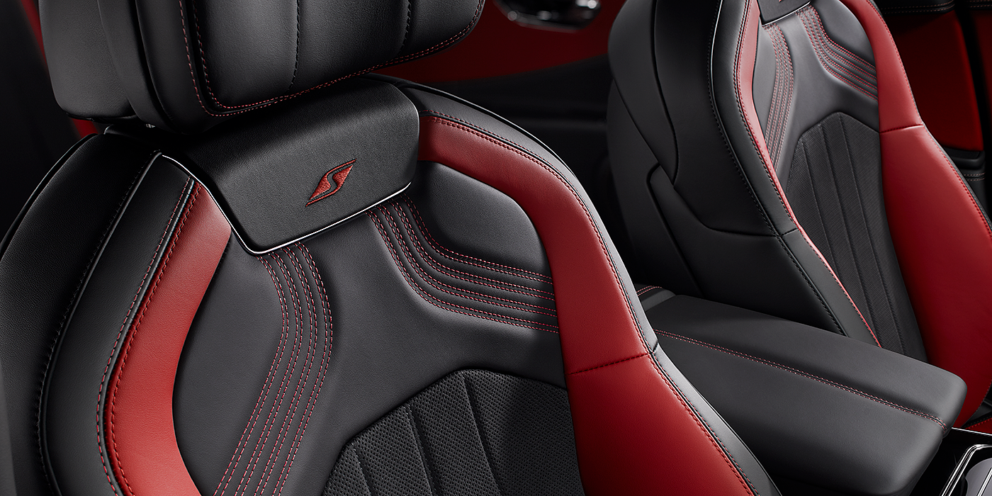 Bentley Riyadh Bentley Flying Spur S seat in Beluga black and hotspur red hide with S emblem stitching