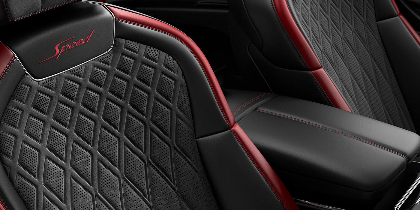 Bentley Riyadh Bentley Flying Spur Speed sedan seat stitching detail in Beluga black and Cricket Ball red hide