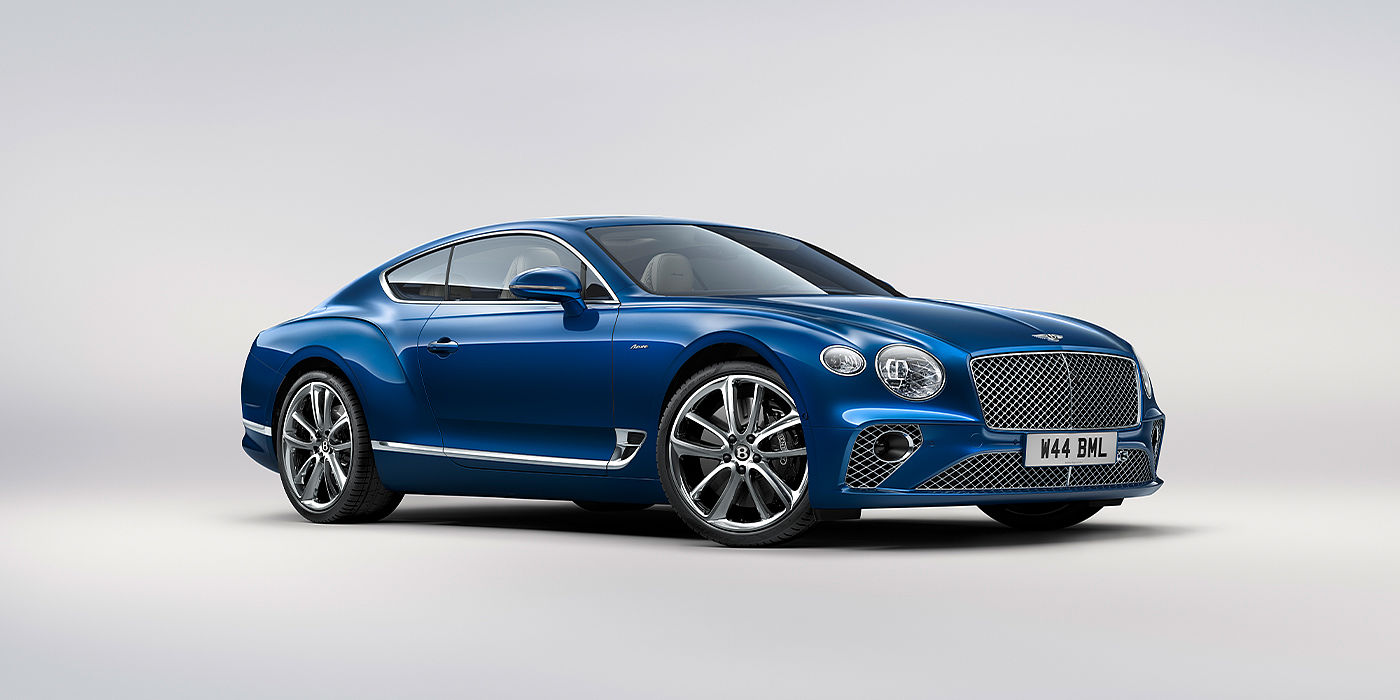 Bentley Riyadh Bentley Continental GT Azure coupe in Sequin Blue paint front 34