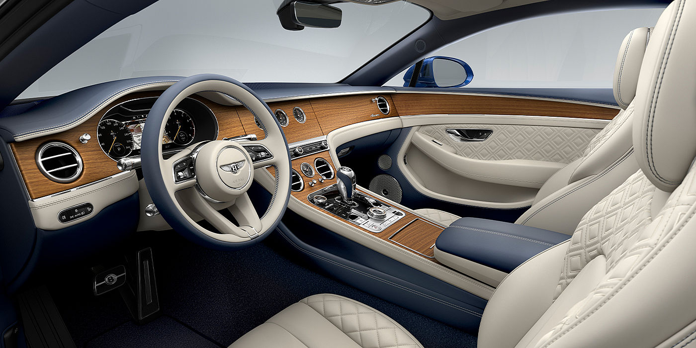 Bentley Riyadh Bentley Continental GT Azure coupe front interior in Imperial Blue and linen hide