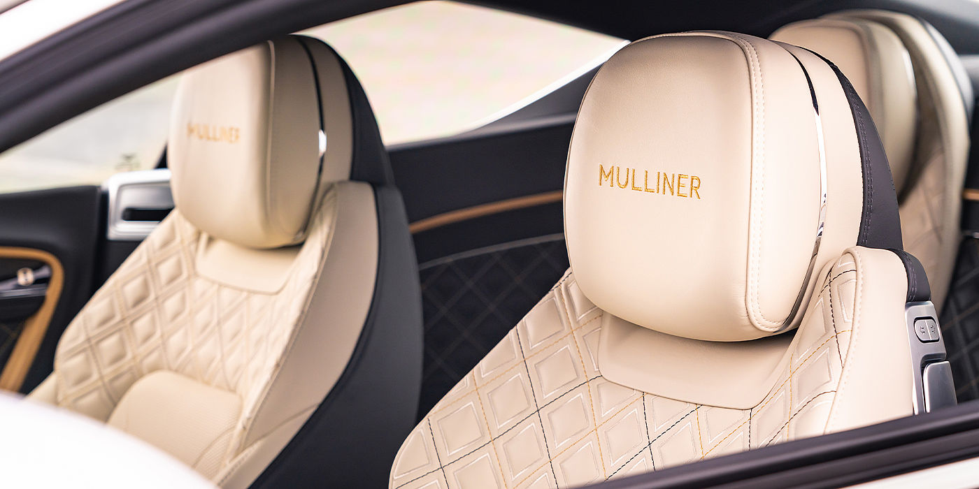 Bentley Riyadh Bentley Continental GT Mulliner coupe seat detail in Beluga black and Linen hide