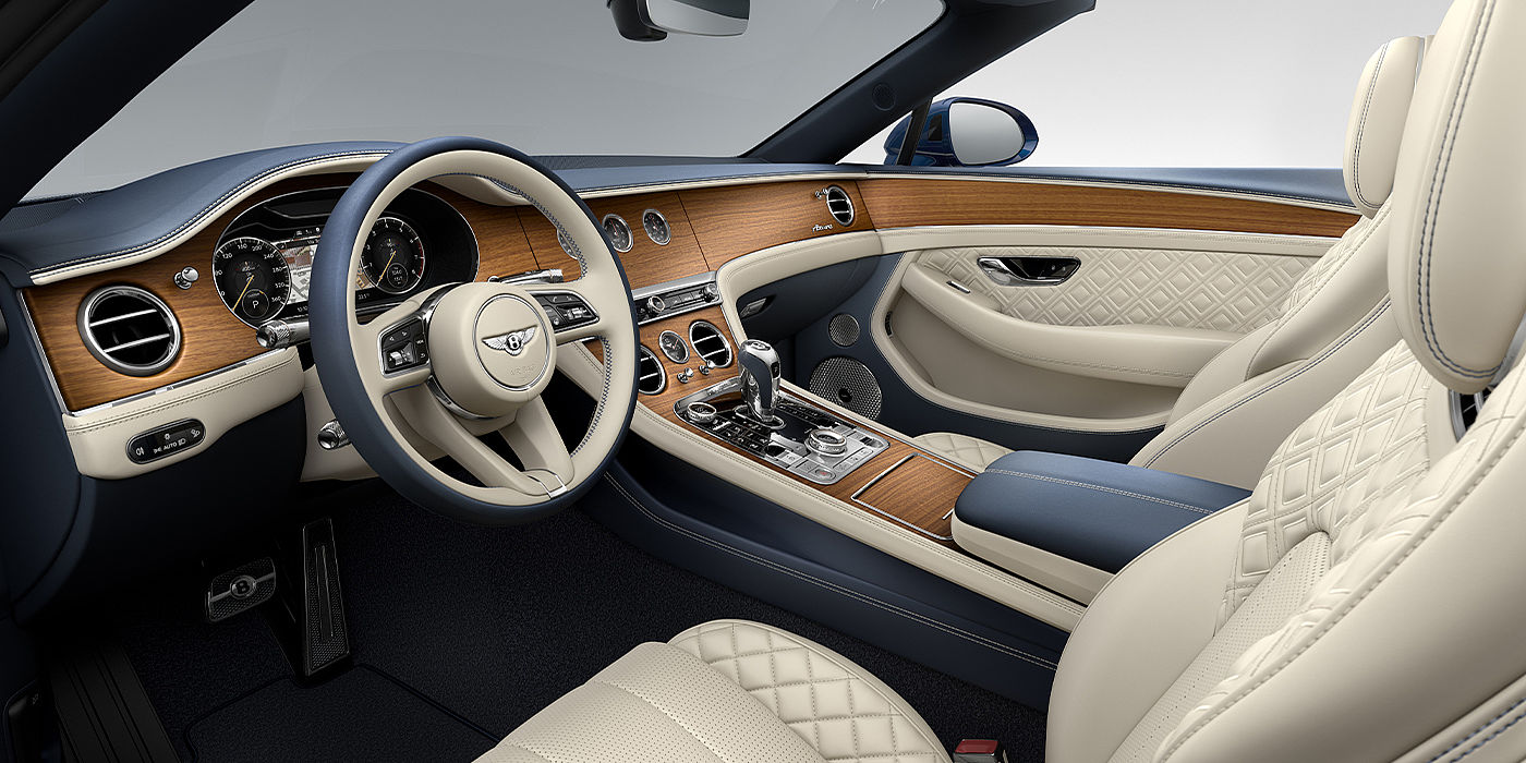 Bentley Riyadh Bentley Continental GTC Azure convertible front interior in Imperial Blue and Linen hide