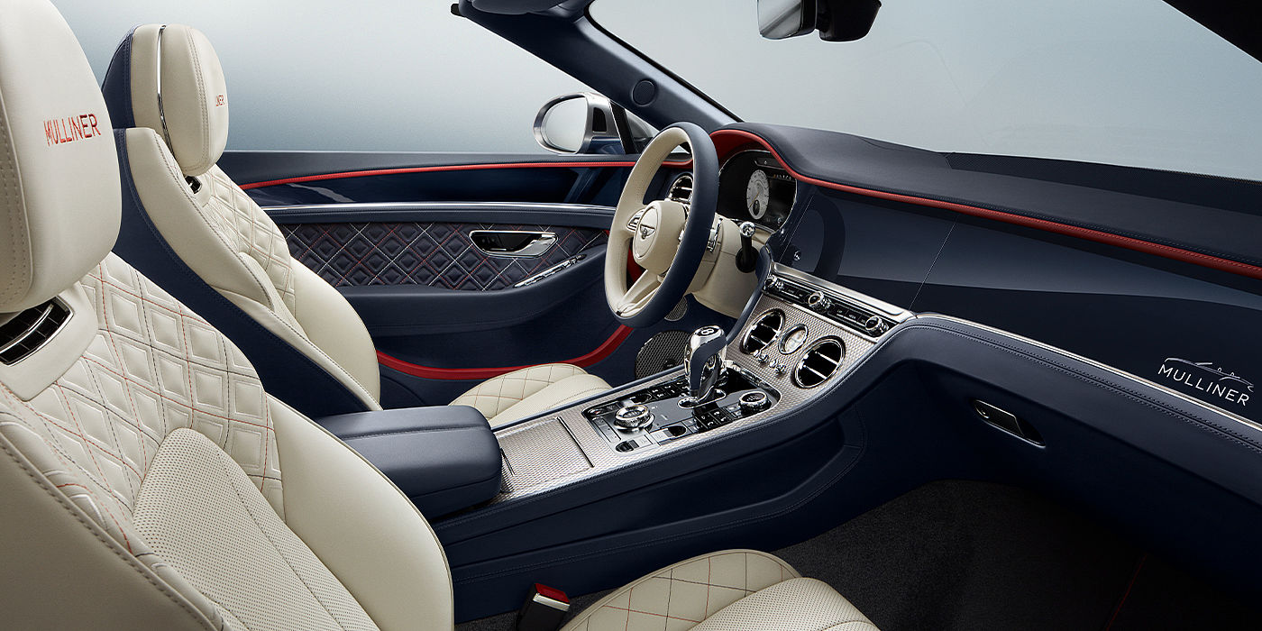Bentley Riyadh Bentley Continental GTC Mulliner convertible front interior in Imperial Blue and Linen hide