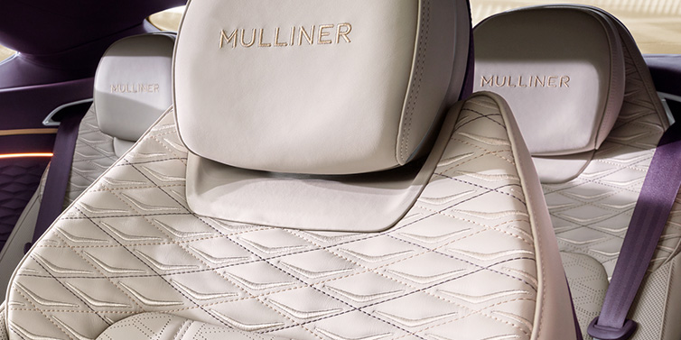 Bentley Riyadh Bentley Continental GT Mulliner coupe seat detail in Linen leather with Mulliner Diamond in Diamond quilting and Mulliner embroidered seat emblem